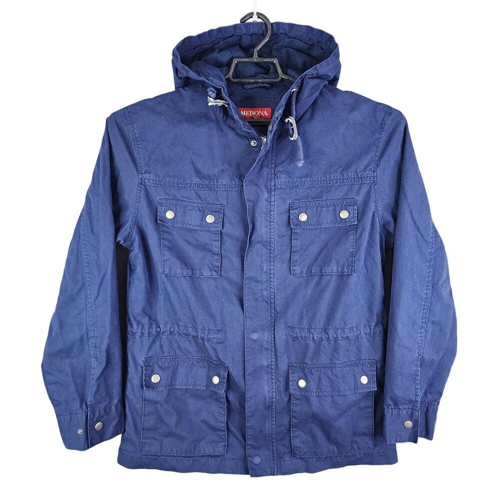 Womens Blue Merona Hooded Jacket Coat Full Zip Long Sleeve Lightweight Size M